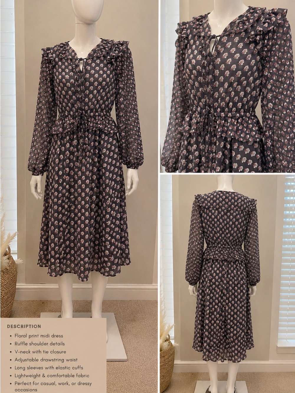 H&M Charcoal Midi Dress with Pink Floral Print